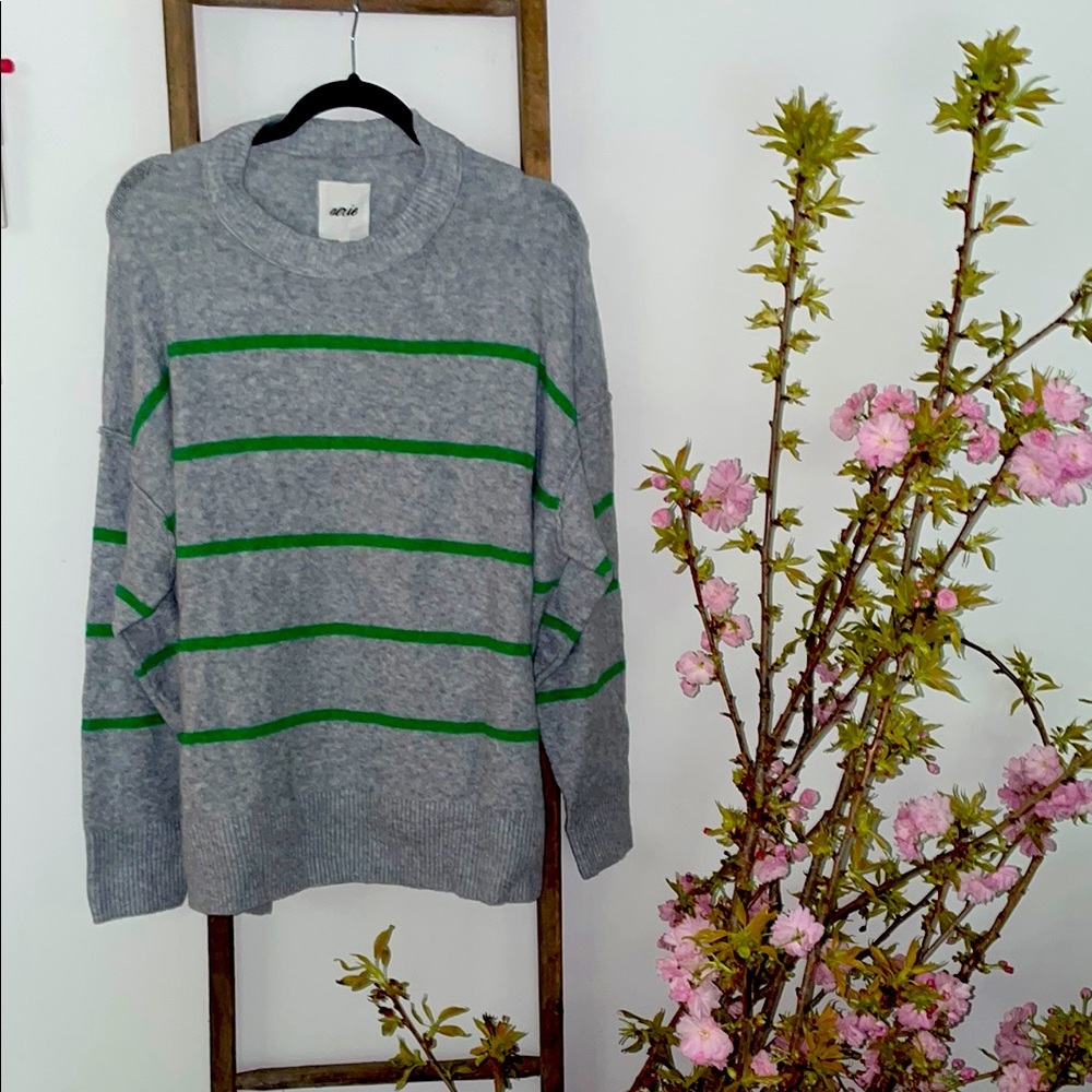 Aerie Grey and Green Striped Sweater